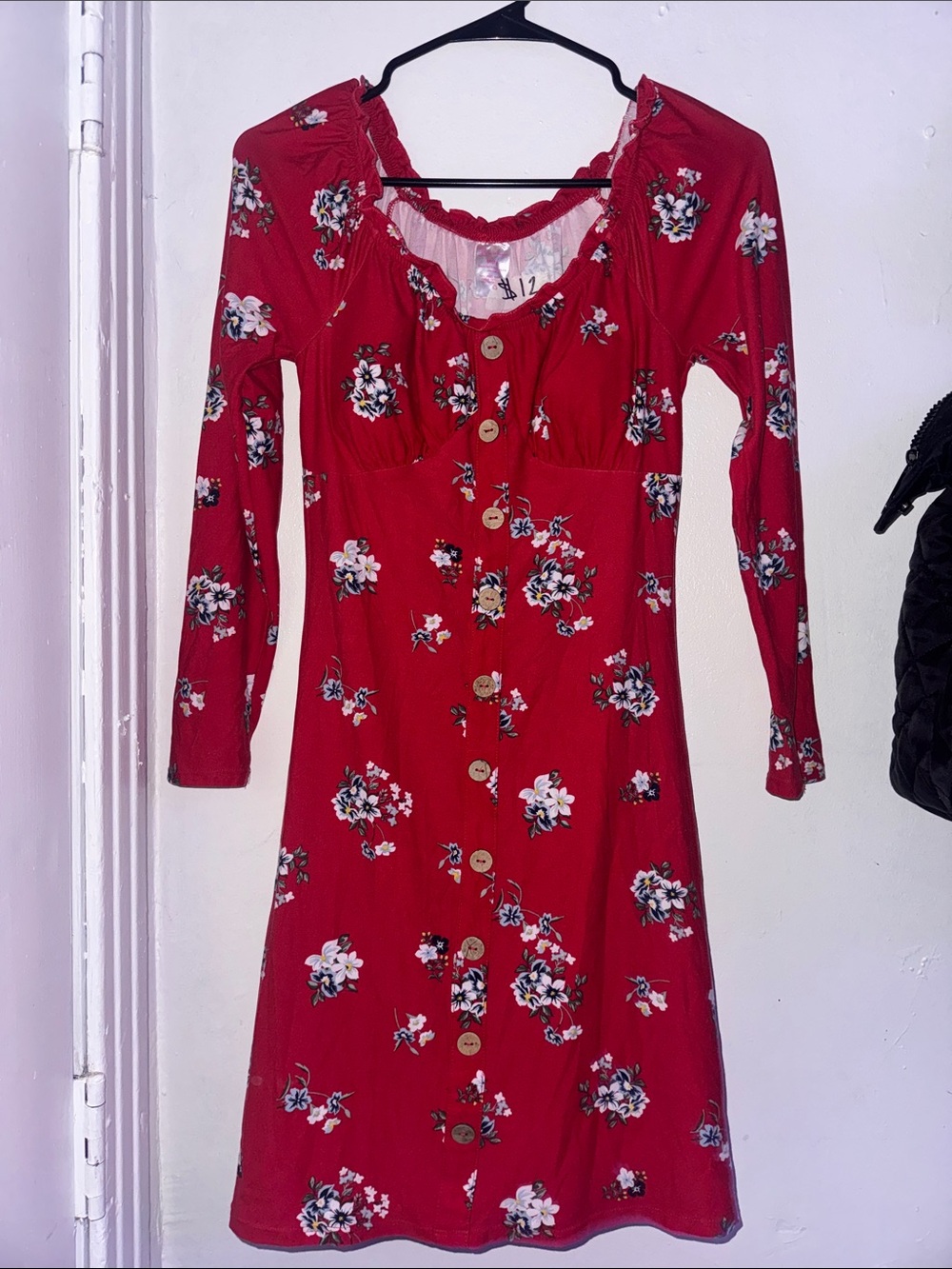 No Boundaries Red Floral Button-Front Long Sleeve Dress